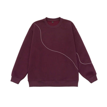 Round Neck Letter Print Hoodie – Loose Fit in deep burgundy with unique stitching detail.