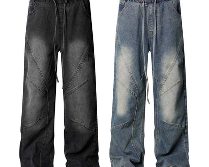 Pantalones de mezclilla reversibles desgastados y plisados de alta calle unisex, de pierna ancha y suelta