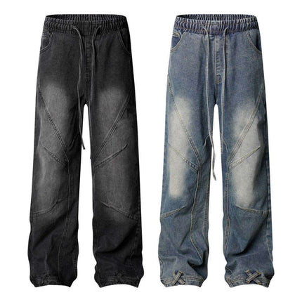 Distressed Pleated Reverse Denim Pants in black and blue showcasing a modern street style and vintage character.