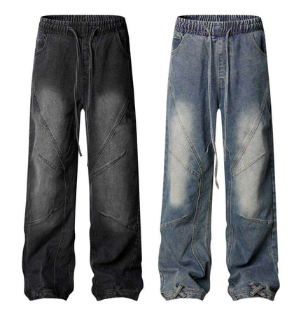 Distressed Pleated Reverse Denim Pants in black and blue showcasing a modern street style and vintage character.