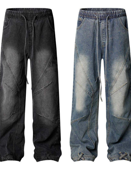 High Street  Washed Distressed Pleated Reverse Denim Pants Unisex Loose Wide Leg Straight Trousers