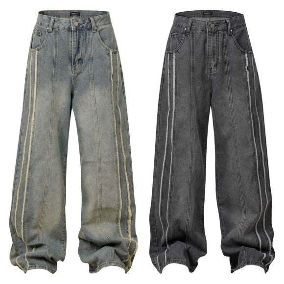 Washed Distressed Patchwork Whisker Jeans Unisex Loose Wide Leg Straight Floor-Length Pants