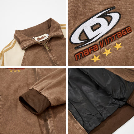 Vintage Distressed Patchwork Letter Embroidery Lapel Jacket, Unisex Loose Casual Couple  Versatile Outerwear