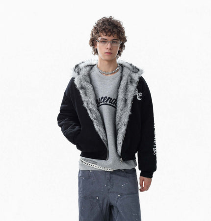 Velvet Hooded Jacket - Loose Fit featuring a stylish design with fur lining for added warmth and comfort.