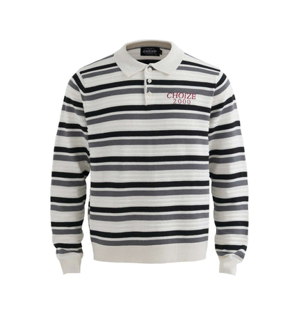 Color-Block Letter Knit Sweater - Loose Fit featuring a striped design with embroidered letter accents and a turn-down collar.