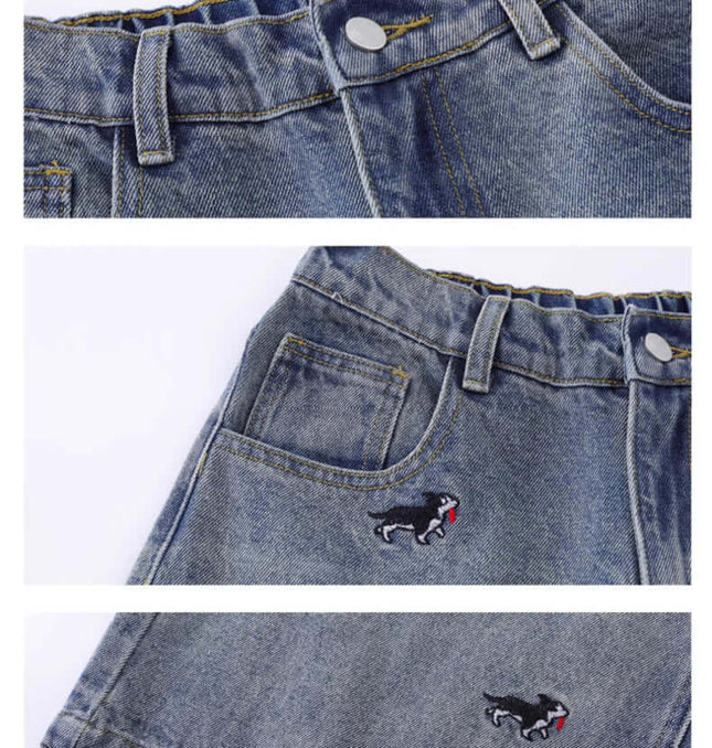 Cartoon Dog Embroidered Denim Shorts
