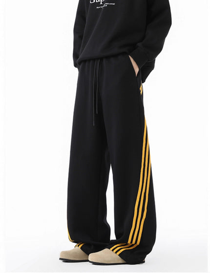 Heavyweight Track Pants for Men with Three-Stripe Pattern, Loose Straight Leg, Autumn Casual Sweatpants, Flowy Wide Leg Design