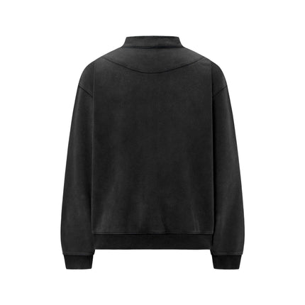 Vintage Street Style Heavyweight Washed Black Distressed Zipper Design Men's Loose Stand-up Collar Long Sleeve Hoodie