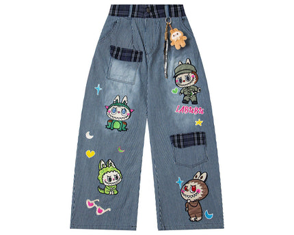 Retro Fun Cartoon Embroidery Washed Stripe Denim Pants Unisex Loose Casual Straight Street Long Trousers