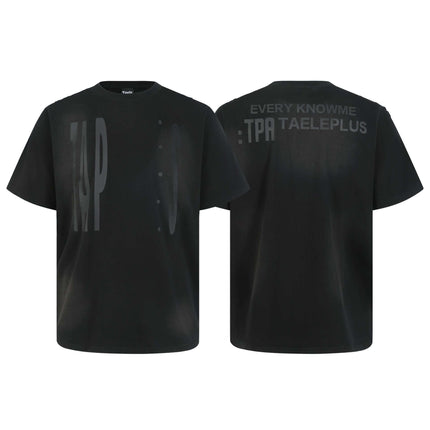 Washed Spray Print T-Shirt – Loose Fit, premium black tee with unique spray print design, relaxed fit for everyday wear.