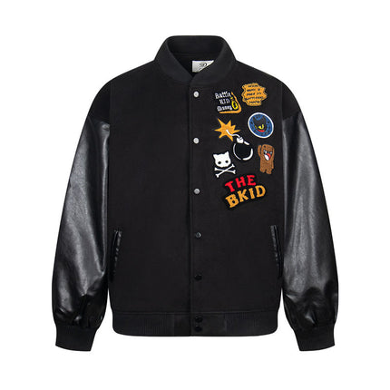 Retro National Trend Cartoon Embroidery Baseball Jacket, Unisex Streetwear, Casual Solid Color College Style Coat