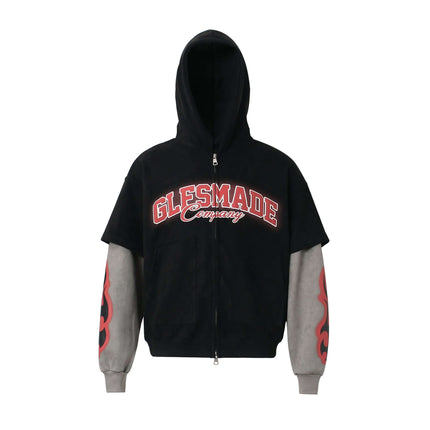 Faux Suede Print Zip-Up Hoodie – Loose Fit with bold print and topstitching details for modern urban style.