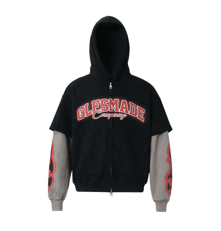 Faux Suede Print Zip-Up Hoodie – Loose Fit with bold print and topstitching details for modern urban style.