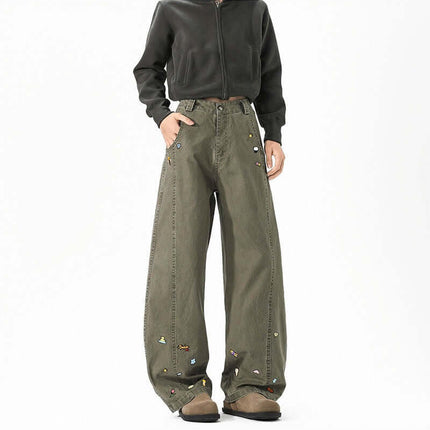 Loose Wide Leg Casual Long Pants featuring cartoon-inspired detailing for a trendy high-street style.