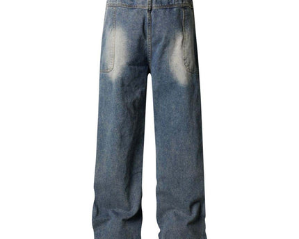 Pantalons en denim délavés usés plissés à revers de style urbain unisexe à jambes larges et droites