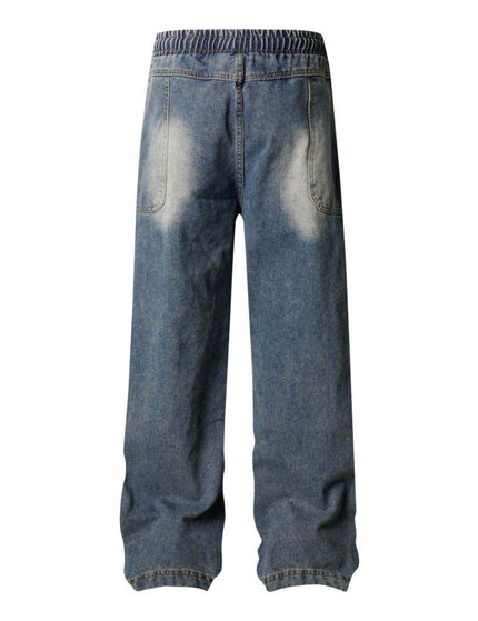 High Street  Washed Distressed Pleated Reverse Denim Pants Unisex Loose Wide Leg Straight Trousers