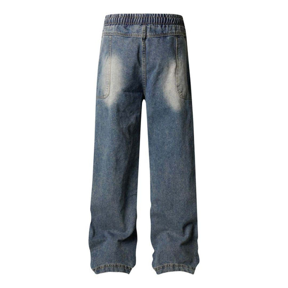 High Street  Washed Distressed Pleated Reverse Denim Pants Unisex Loose Wide Leg Straight Trousers