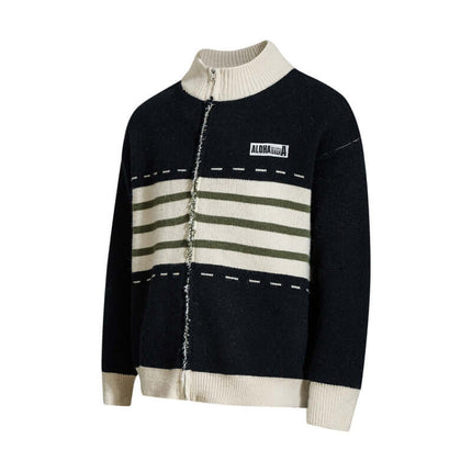 Cardigan a Collo Alto a Maglia Bicolore