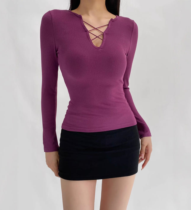 Strap V-Neck Slim Fit Long Sleeve Top – Sweet & Spicy Chic