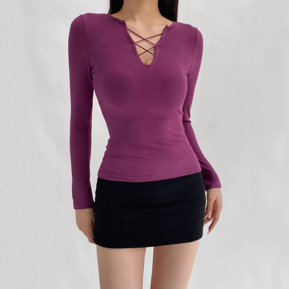 Strap V-neck long sleeved T-shirt for women