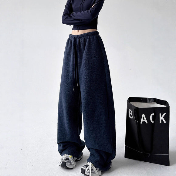 Blue Extra Thick Sherpa Sweatpants for Men and Women Warm Fleece Pants, Straight Loose Fit, Northeast Outdoor Cotton Pants