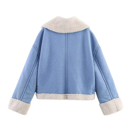 Back view of a Loose Fit Short Zip Jacket in classic blue with a soft collar and cuffs.