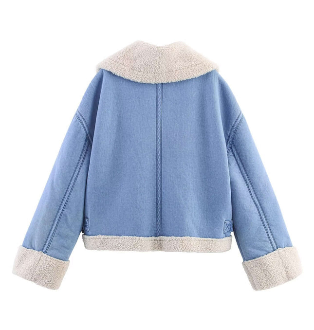 Back view of a Loose Fit Short Zip Jacket in classic blue with a soft collar and cuffs.