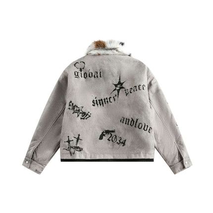 Graffiti Faux Fur Collar Coat – Loose Fit featuring bold graffiti detailing and plush faux fur collar on a short-length jacket.