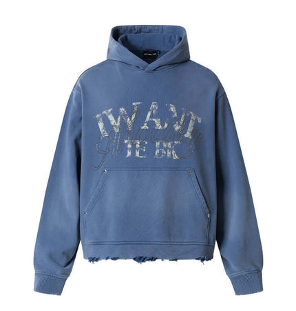Washed Rhinestone Letter Hoodie – Loose Fit in vintage blue with rhinestone embellishments and a relaxed fit.