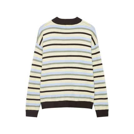 Waist up denim short round neck striped knitted cardigan