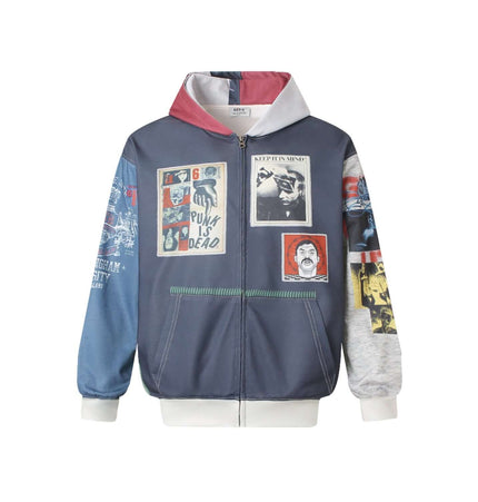 Magazine Printed Zip-Up Hoodie – Loose Fit featuring a bold magazine print design and relaxed silhouette.