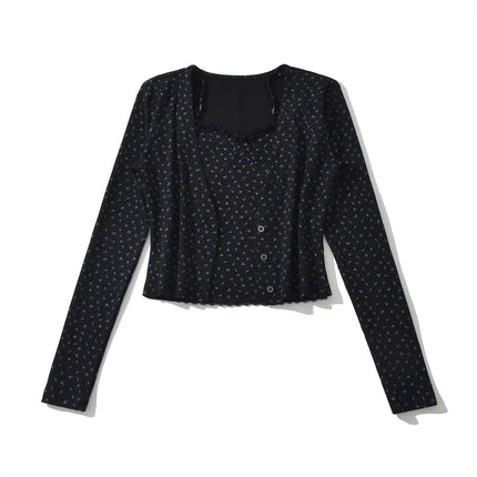 Top de Cárdigan de Manga Larga con Cuello en V a Rayas Dulces para Mujeres con Cuello Volante, Conjunto de Camisón Ajustado de Parches