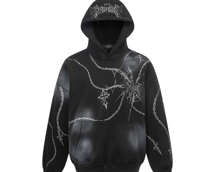 Distressed chain cross hoodie | Streetwear pullover hoodie | Unisex loose fit hoodie | Trendy cross print sweatshirt | Casual street style hoodie | Black and red hoodie