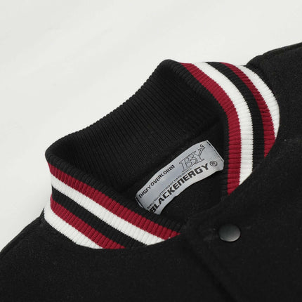 Heavy Embroidery Baseball Jacket – Thick Fit cropped view of collar and label detailing.