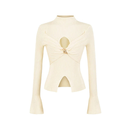 Metal Knot Hollow-Out Flare Sleeve Knit Top – Slim Fit Sexy Chic