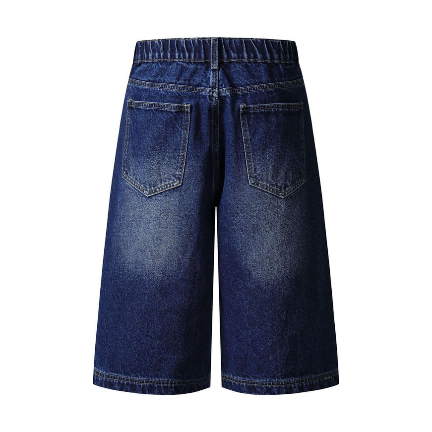 Blue street washed star patchwork shorts with Grozavu logo