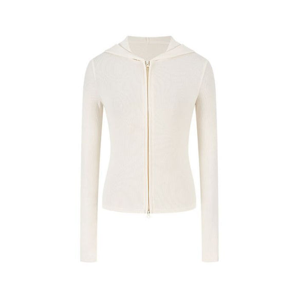 Chaqueta con capucha dulce y picante para mujeres, ajuste slim, ligera, top de manga larga con doble cremallera