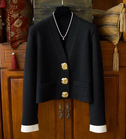 Grozavu's V-Neck Contrast Coat: Timeless Black & White with Gold Buckle Detail