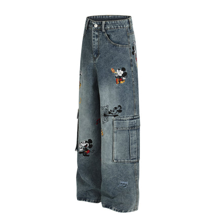 Embroidered Mid-Waist Denim Pants for Women with Multiple Pockets