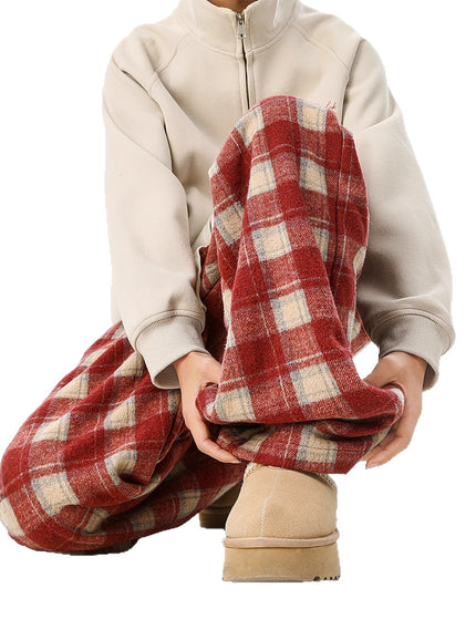 Casual Checkered Drawstring Pants Men Winter  Style Couple Fleece-Lined Warm Loose Vintage Sport Long Pants