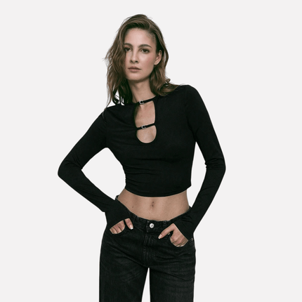 Kragenloses Langarm-Crop-T-Shirt – Schmale Passform