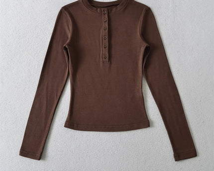 T-shirt a manica lunga basic con scollo rotondo e mezza abbottonatura in colore solido elastico