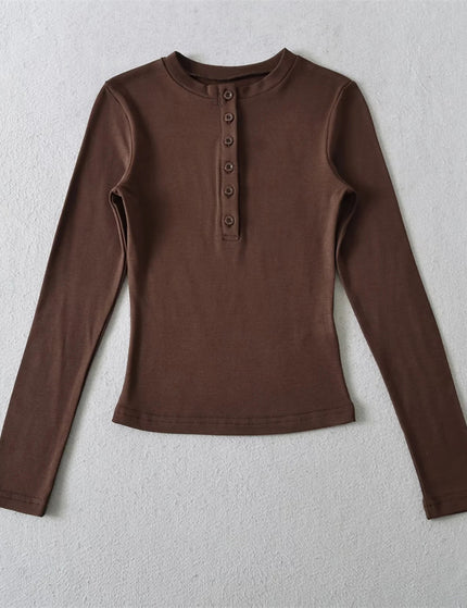 T-shirt à manches longues basique en couleur unie avec col rond et demi-boutonnage