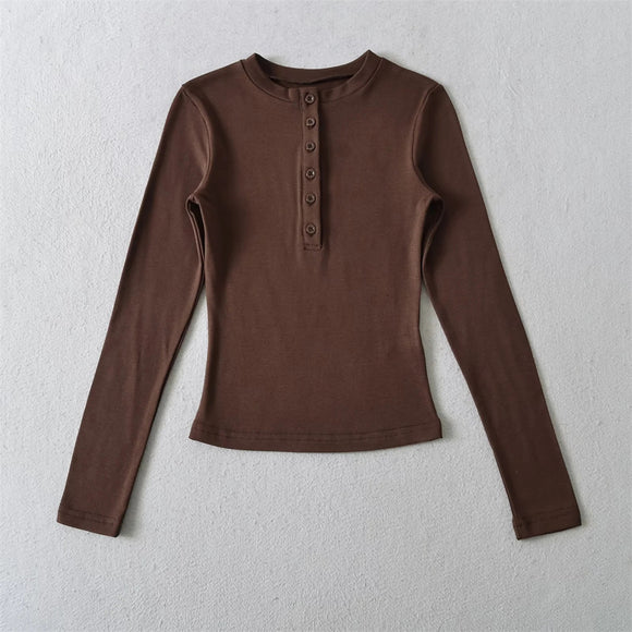 Camiseta básica de cuello redondo de color sólido con media botonera y manga larga para mujeres, ajustada elástica con forro de felpa