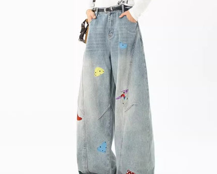 Jeans en patchwork amusants pour hommes de la rue principale, tendance automne, déstructurés, brodés, pantalons à taille haute, lavés, coupe droite