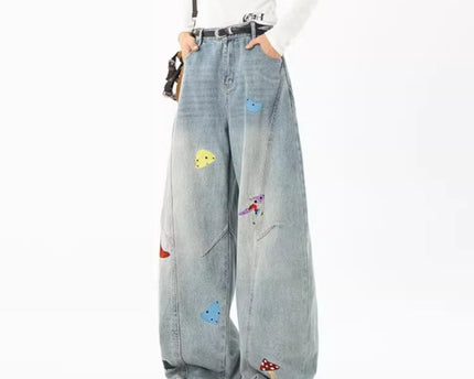 Jeans de Parchwork Divertidos de Streetwear para Hombre, Pantalones de Cuchillo Deconstruidos y Bordados, Ajuste Limpio, Jeans Rectos Lavados