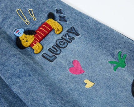 Embroidered College Style Cartoon Patch Denim Pants