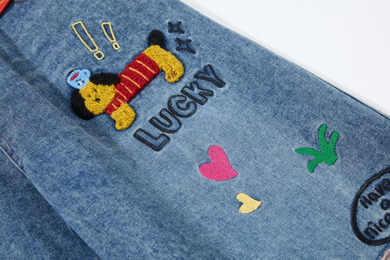Embroidered College Style Cartoon Patch Denim Pants