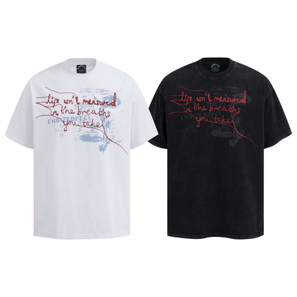 Retro Washed Face Letter T-Shirt – Loose Fit in white and black featuring bold graphic prints.