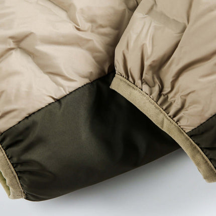Close-up of the Hooded Color-Block Down Jacket showcasing the khaki green and color-blocked design.